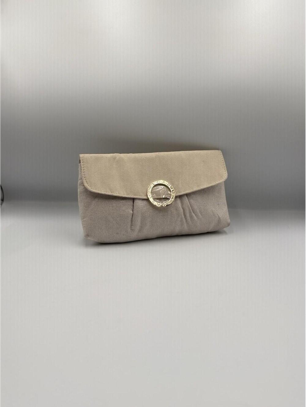 BVLGARI Beige Suede Clutch Gold Logo Minimalist Evening Bag